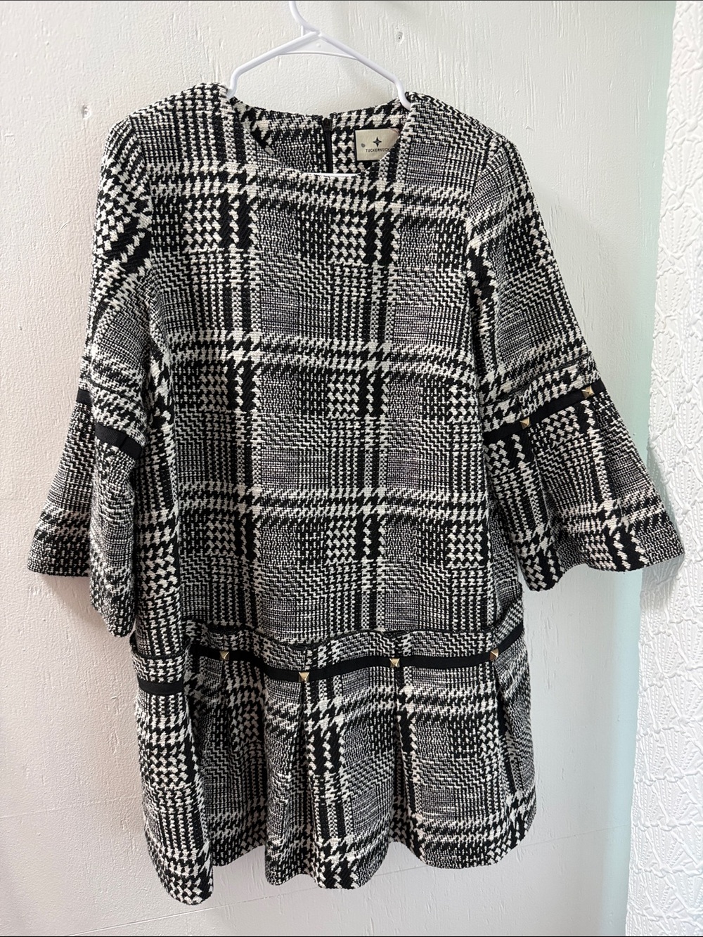 Tuckernuck Black and White Plaid Bell-Sleeve Dress